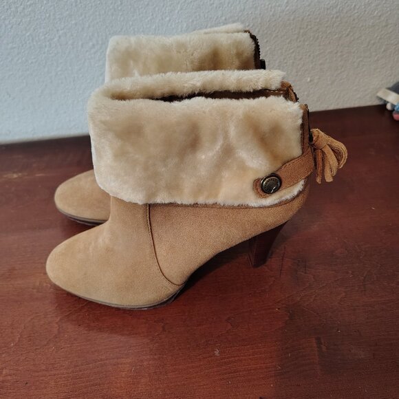SHORT HIGH HEEL TAN BOOTS NEW - Picture 1 of 4